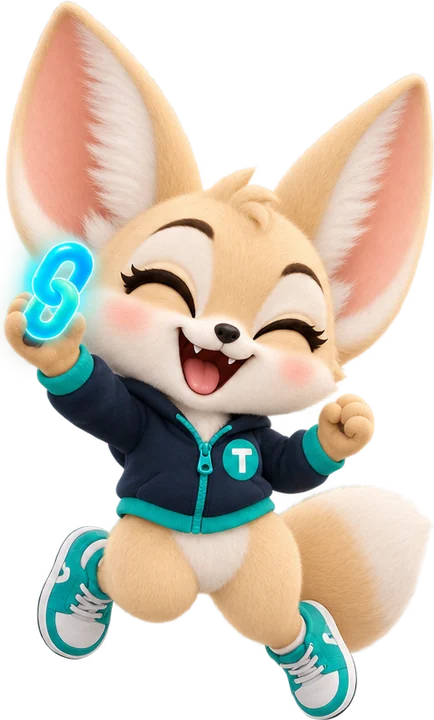Tini the fennec fox jumping with a glowing chain link